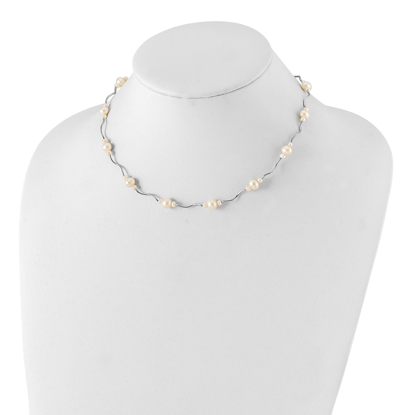 Sterling Silver Rhodium-plated 3-7mm White Near-Round Freshwater Cultured Pearl 13-Station 16 inch with 2.5 inch Extension Necklace
