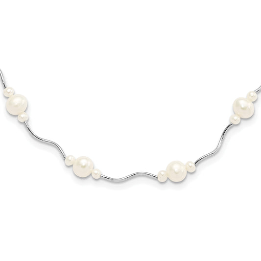 Sterling Silver Rhodium-plated 3-7mm White Near-Round Freshwater Cultured Pearl 13-Station 20 inch with 2.5 inch Extension Necklace