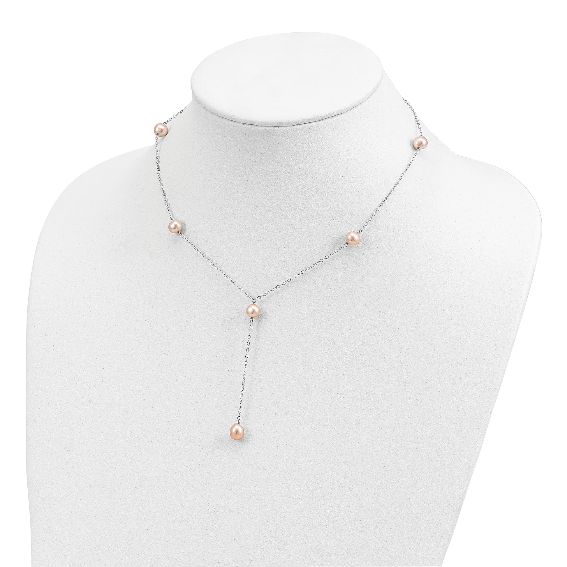 Sterling Silver Rhodium-plated 6-8mm Pink Teardrop and Semi-Round Freshwater Cultured Pearl 6-Station Y-Drop 16 inch Necklace