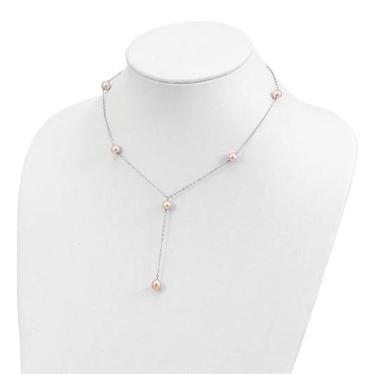 Sterling Silver Rhodium-plated 6-8mm Pink Teardrop and Semi-Round Freshwater Cultured Pearl 6-Station Y-Drop 16 inch Necklace