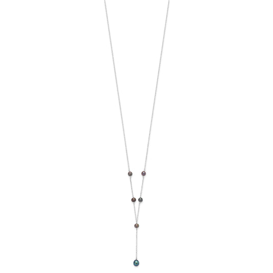 Sterling Silver Rhodium-plated 6-8mm Black Teardrop and Semi-Round Freshwater Cultured Pearl 6-Station Y-Drop 16 inch Necklace