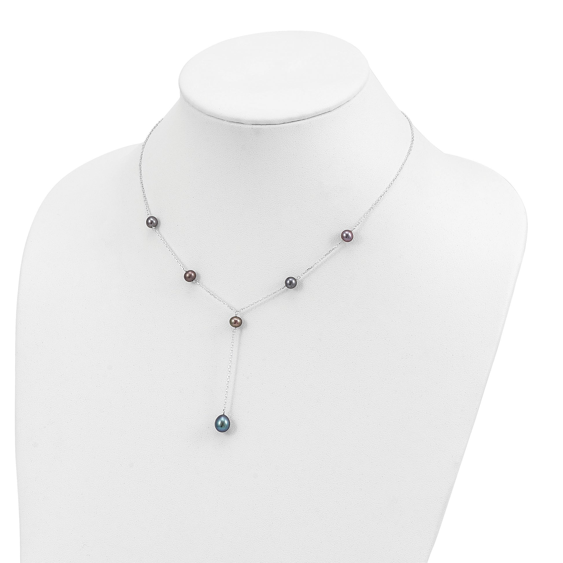 Sterling Silver Rhodium-plated 6-8mm Black Teardrop and Semi-Round Freshwater Cultured Pearl 6-Station Y-Drop 16 inch Necklace