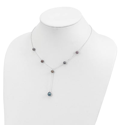 Sterling Silver Rhodium-plated 6-8mm Black Teardrop and Semi-Round Freshwater Cultured Pearl 6-Station Y-Drop 16 inch Necklace