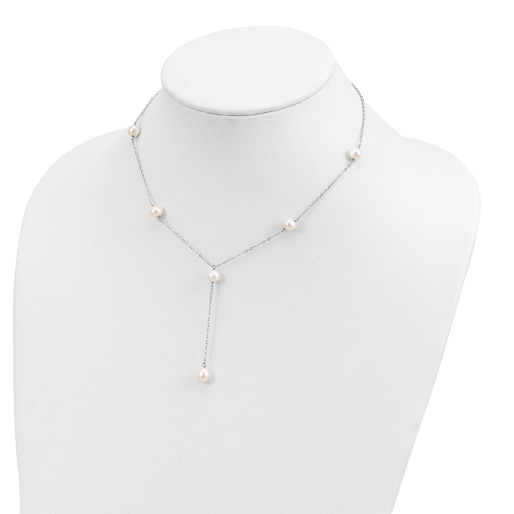 Sterling Silver Rhodium-plated 6-8mm White Teardrop and Semi-Round Freshwater Cultured Pearl 6-Station Y-Drop 16 inch Necklace