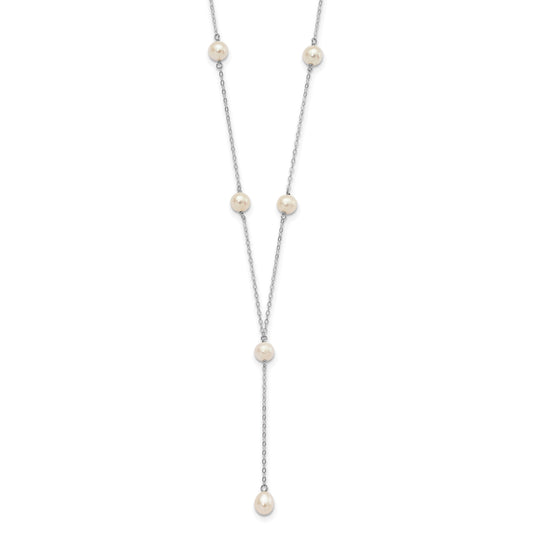 Sterling Silver Rhodium-plated 6-8mm White Teardrop and Semi-Round Freshwater Cultured Pearl 6-Station Y-Drop 16 inch Necklace