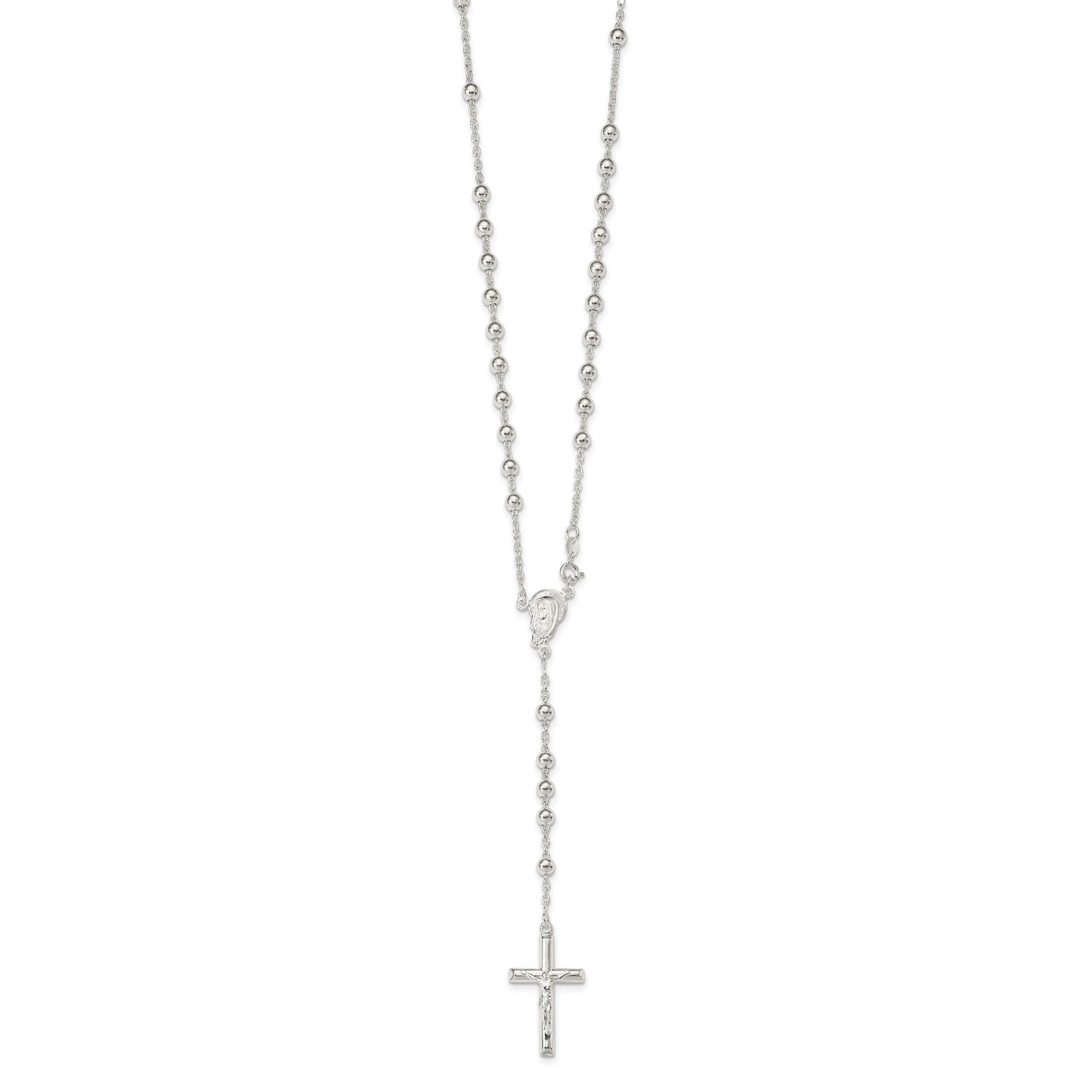 Sterling Silver Polished Beaded Rosary 30 inch Necklace