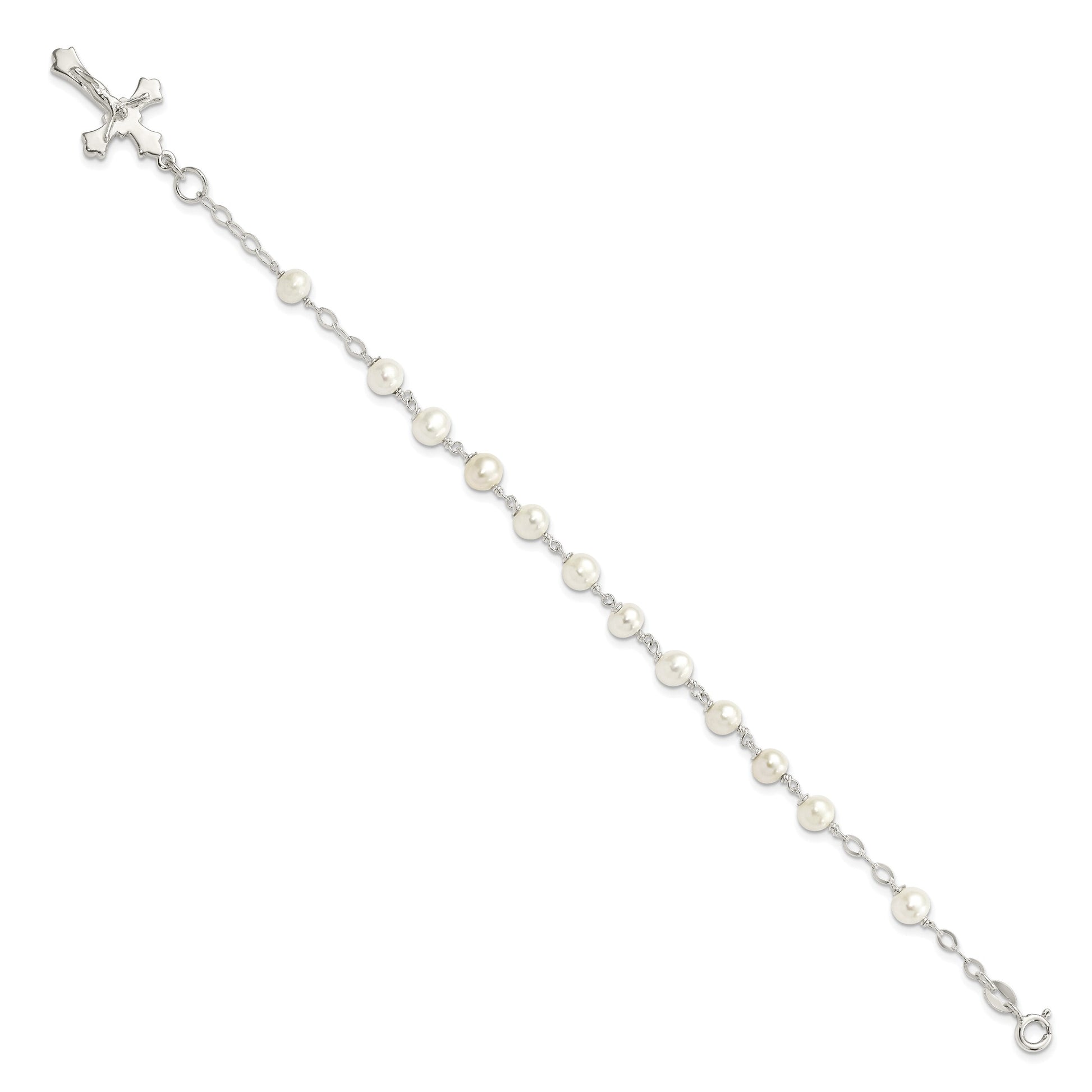 Sterling Silver and FW Cultured Pearl Rosary 7.5 inch Bracelet