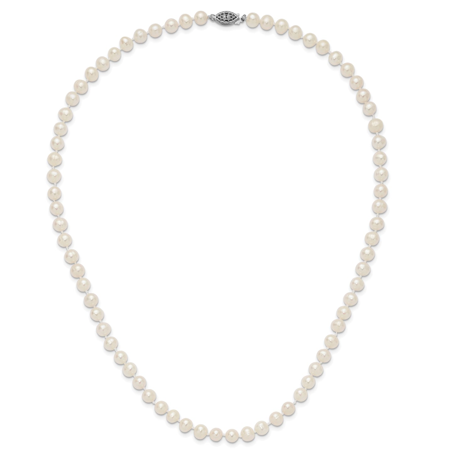 Sterling Silver Rhodium-plated 6-7mm White Near-Round Freshwater Cultured Pearl 20 inch Necklace