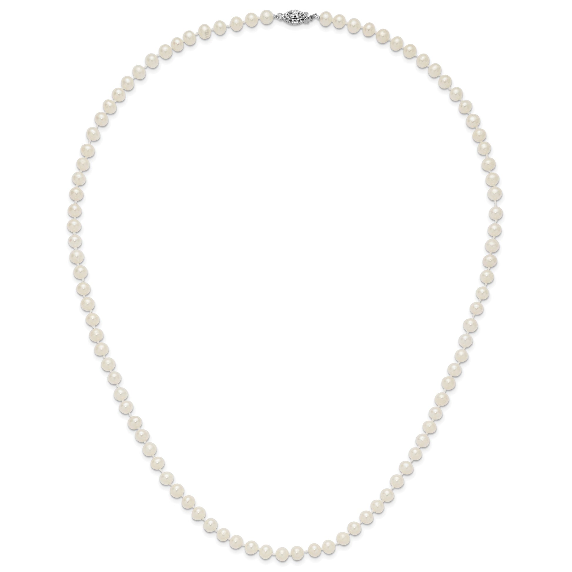 Sterling Silver Rhodium-plated 6-7mm White Near-Round Freshwater Cultured Pearl 24 inch Necklace
