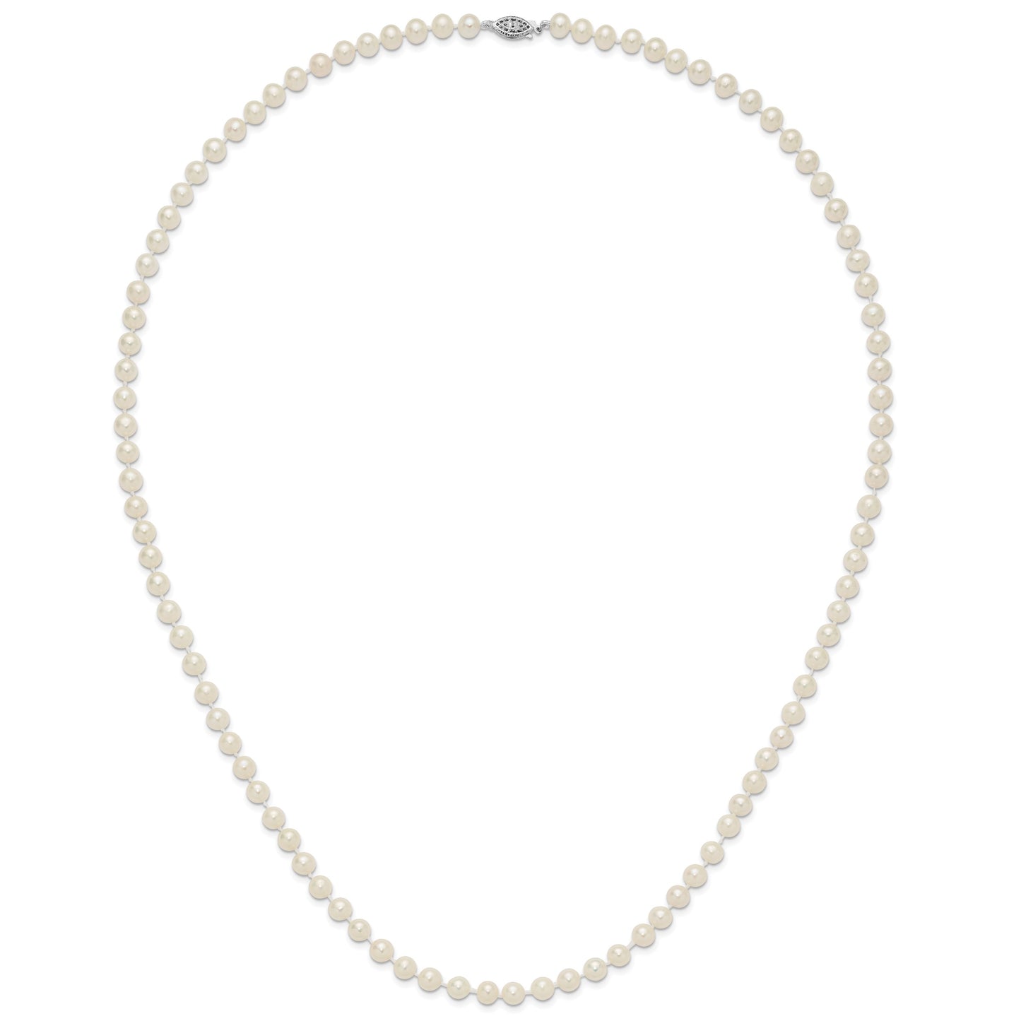 Sterling Silver Rhodium-plated 6-7mm White Near-Round Freshwater Cultured Pearl 28 inch Necklace