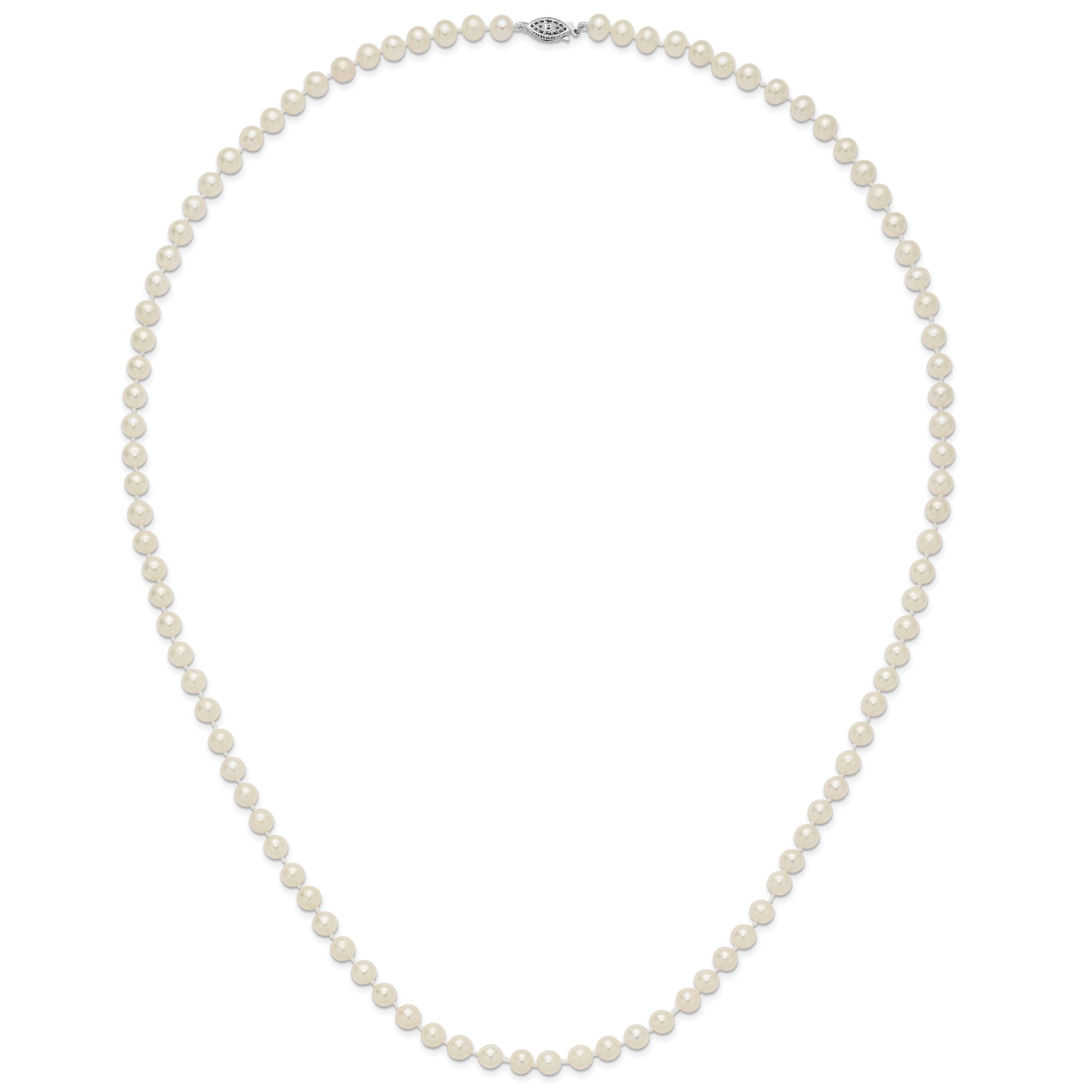 Sterling Silver Rhodium-plated 6-7mm White Near-Round Freshwater Cultured Pearl 28 inch Necklace