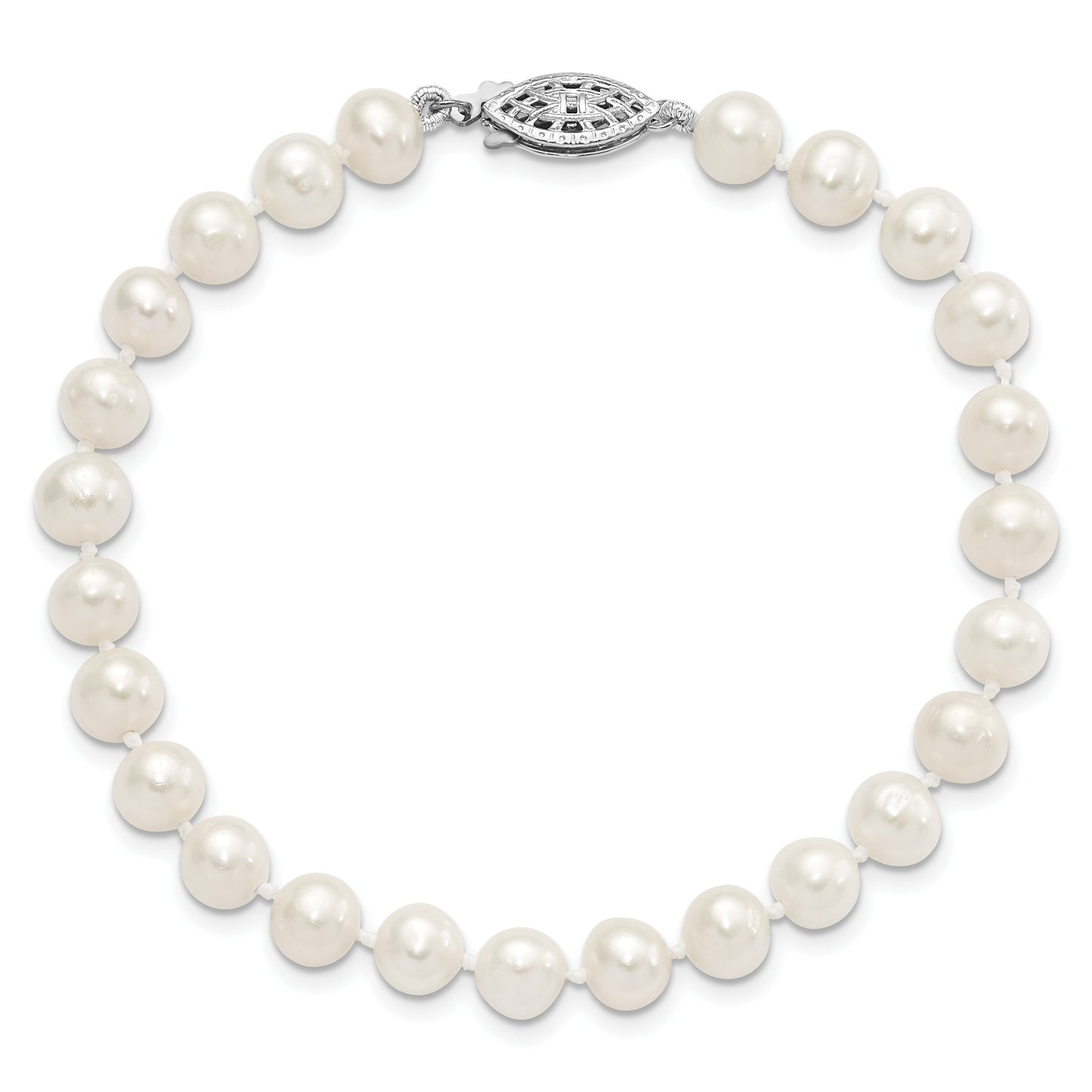 Sterling Silver Rhodium-plated 6-7mm White Near-Round Freshwater Cultured Pearl 7.25 inch Bracelet