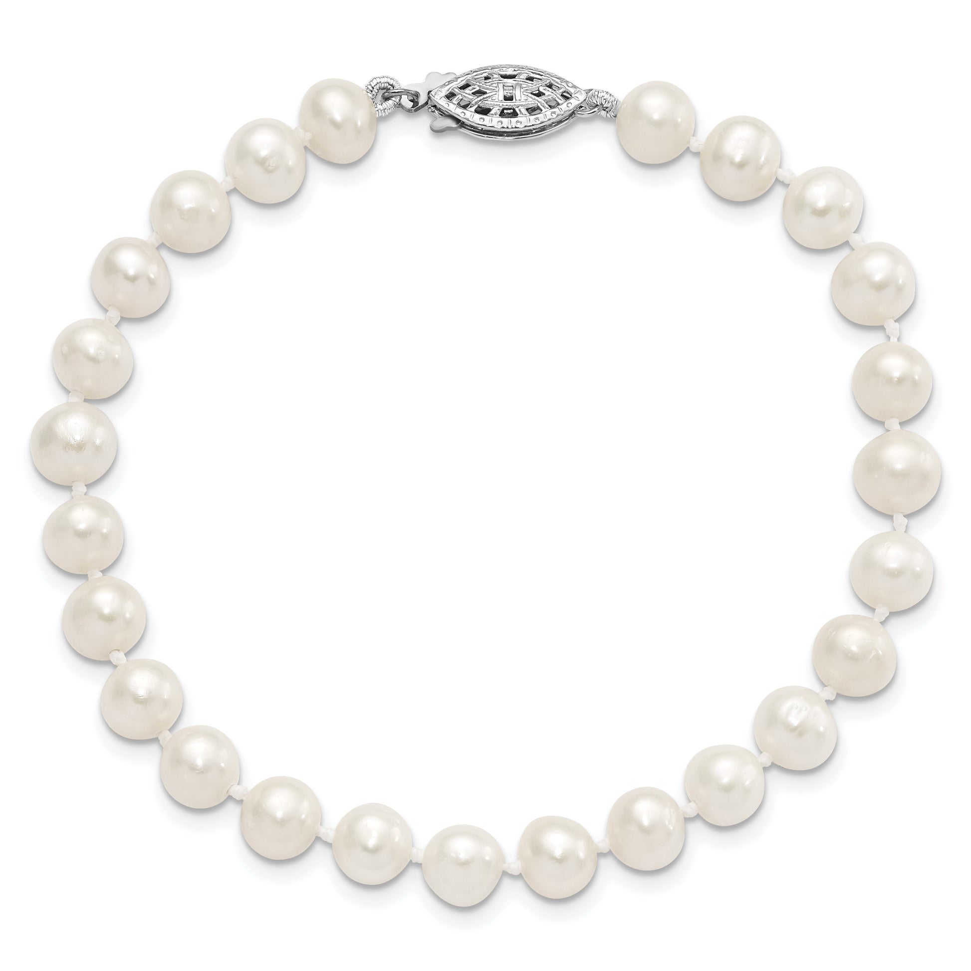 Sterling Silver Rhodium-plated 6-7mm White Near-Round Freshwater Cultured Pearl 7.25 inch Bracelet