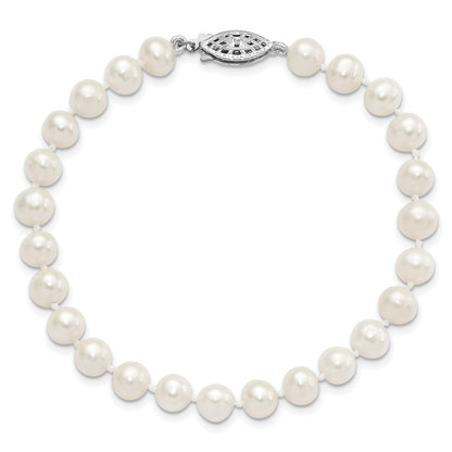 Sterling Silver Rhodium-plated 6-7mm White Near-Round Freshwater Cultured Pearl 7.25 inch Bracelet