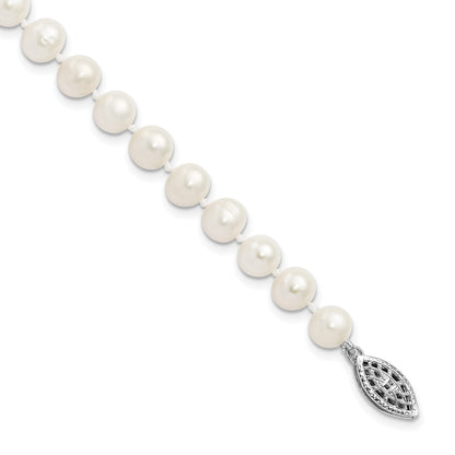 Sterling Silver Rhodium-plated 6-7mm White Near-Round Freshwater Cultured Pearl 7.25 inch Bracelet