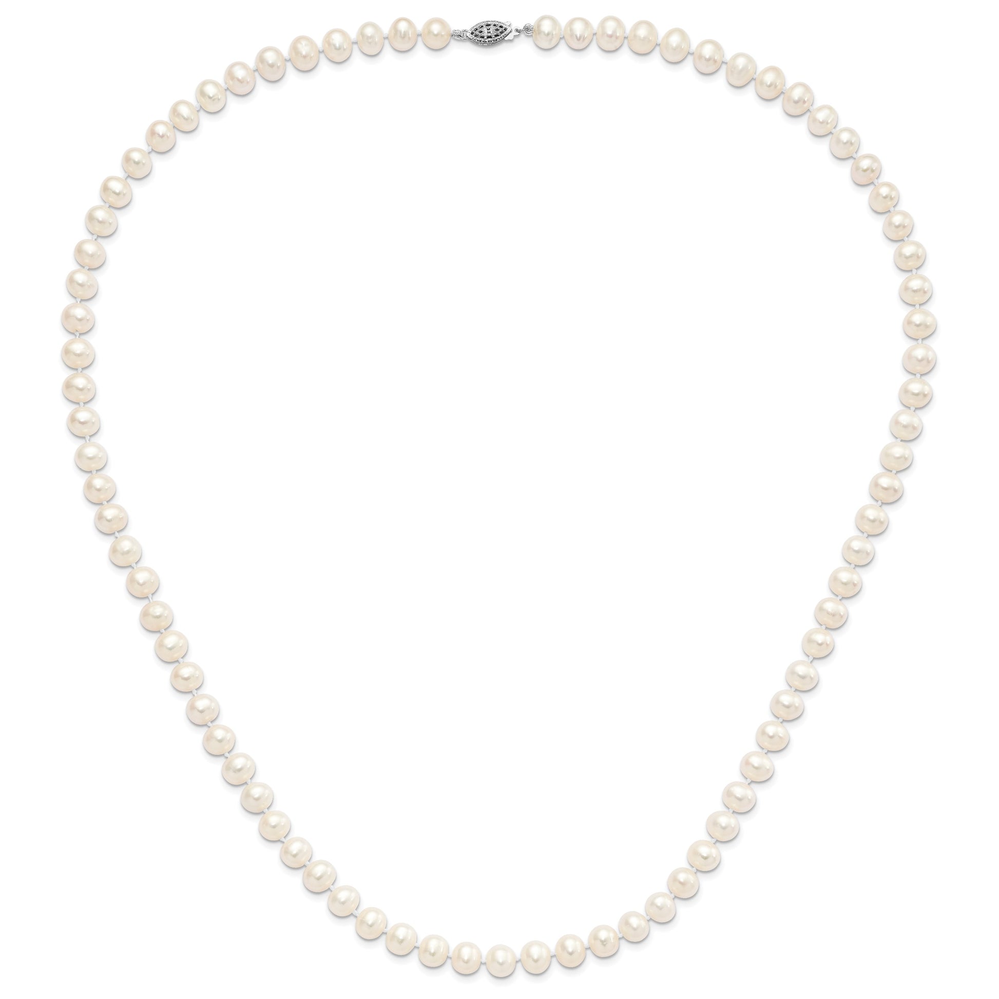 Sterling Silver Rhodium-plated 8-9mm White Near-Round Freshwater Cultured Pearl 28 inch Necklace