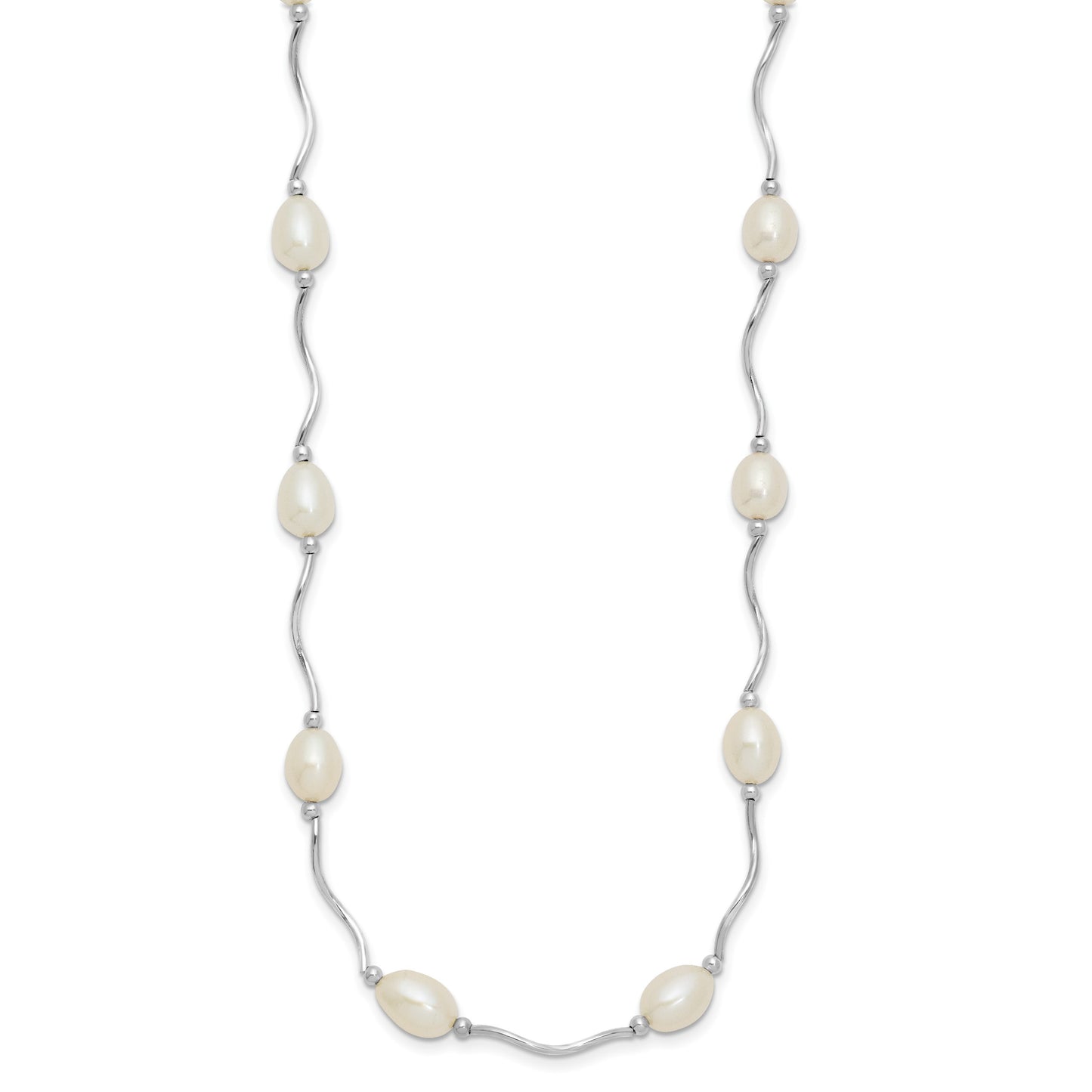 Sterling Silver Rhodium-plated 6-7mm White Rice Freshwater Cultured Pearl 16-Station 18 inch Necklace