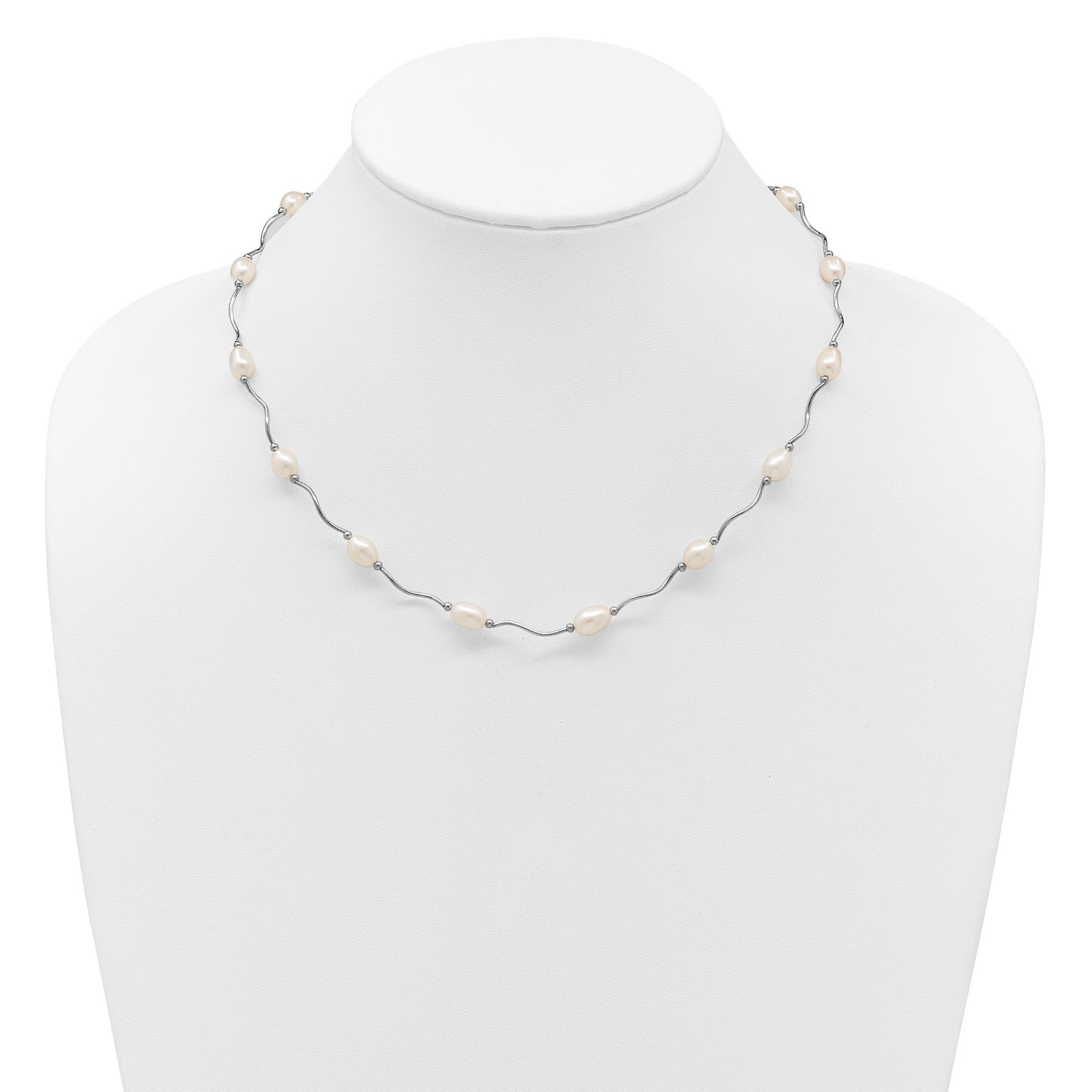 Sterling Silver Rhodium-plated 6-7mm White Rice Freshwater Cultured Pearl 16-Station 18 inch Necklace