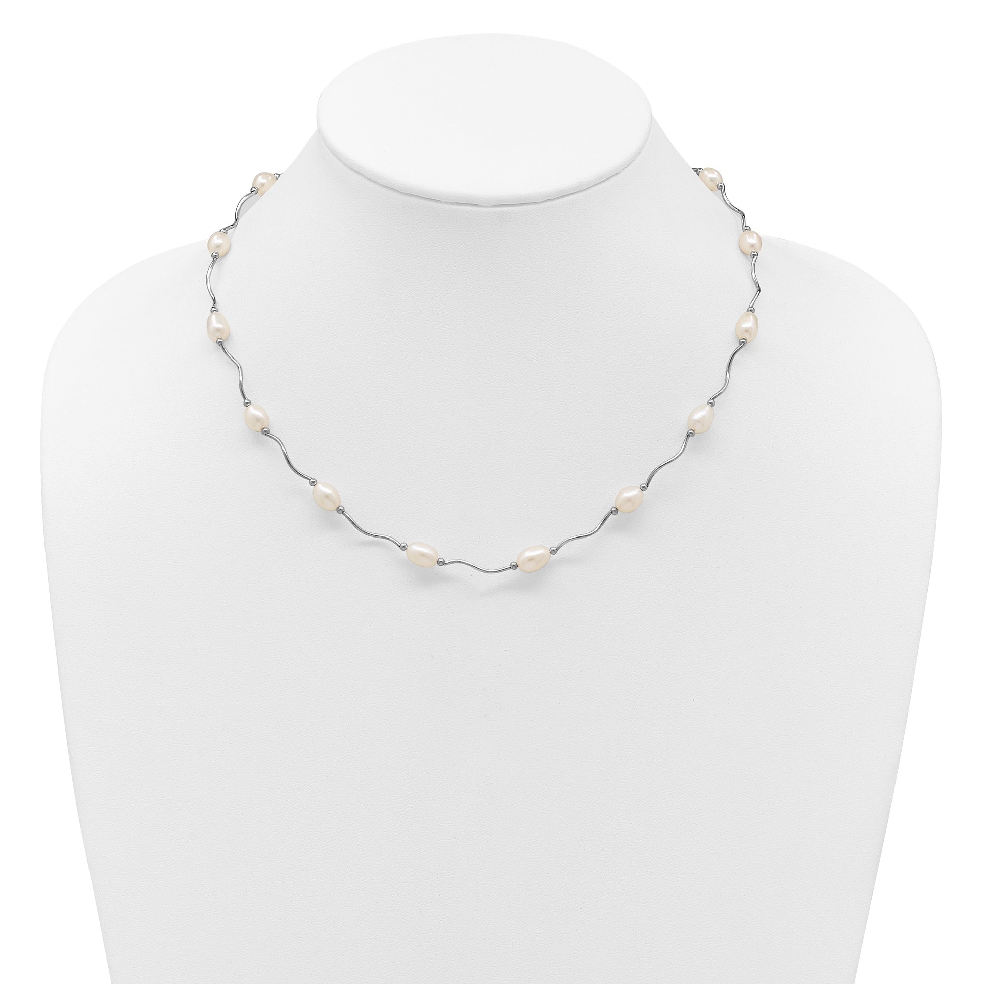 Sterling Silver Rhodium-plated 6-7mm White Rice Freshwater Cultured Pearl 16-Station 18 inch Necklace