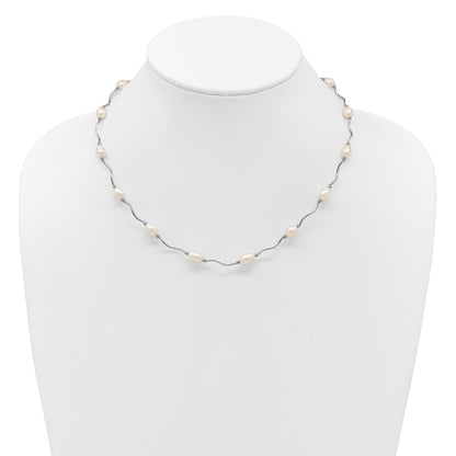 Sterling Silver Rhodium-plated 6-7mm White Rice Freshwater Cultured Pearl 16-Station 18 inch Necklace