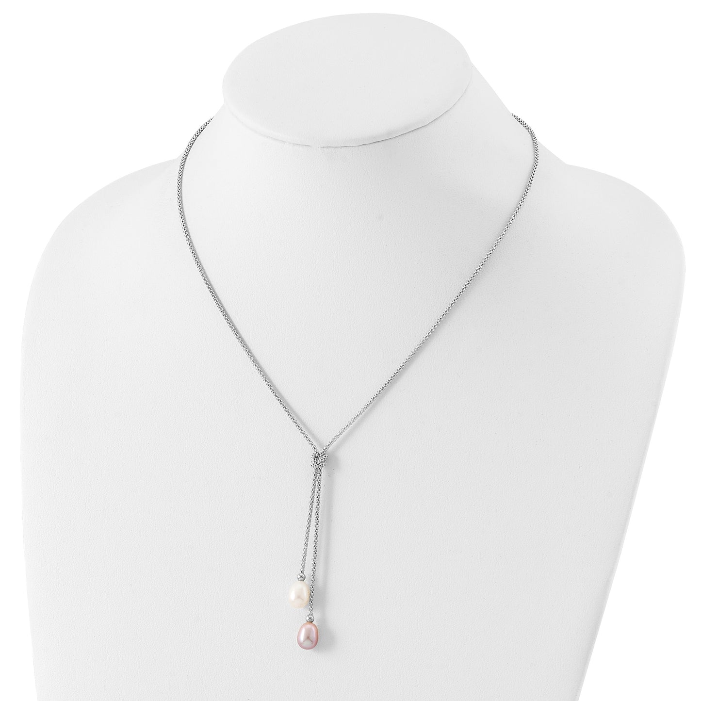 Sterling Silver Rhodium-plated 7-8mm Pink and White Teardrop Freshwater Cultured Pearl Knot 18 inch Necklace and Post Dangle Earrings Set
