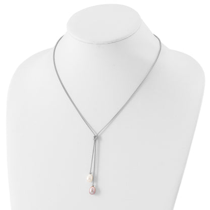 Sterling Silver Rhodium-plated 7-8mm Pink and White Teardrop Freshwater Cultured Pearl Knot 18 inch Necklace and Post Dangle Earrings Set