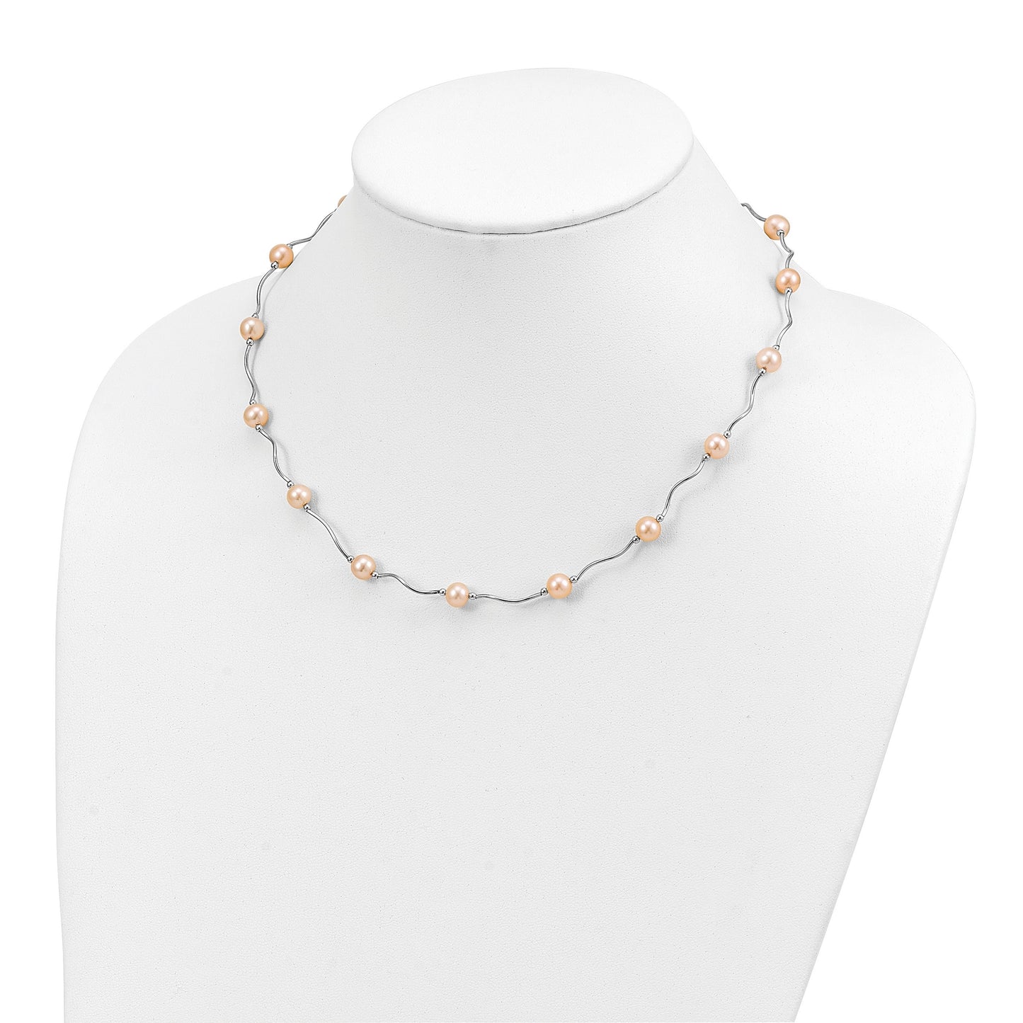 Sterling Silver Rhodium-plated 6-7mm Pink Near-Round Freshwater Cultured Pearl 18-Station 18 inch Necklace