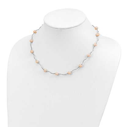 Sterling Silver Rhodium-plated 6-7mm Pink Near-Round Freshwater Cultured Pearl 18-Station 18 inch Necklace