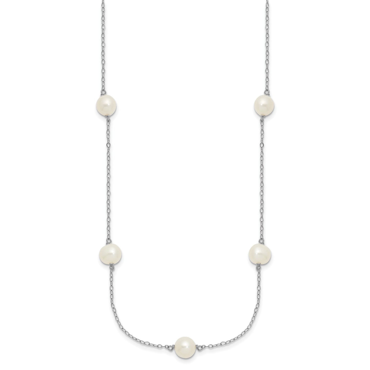 Sterling Silver Rhodium-plated 7-8mm White Near-Round Freshwater Cultured Pearl 7-Station 17 inch with 2 inch Extension Necklace