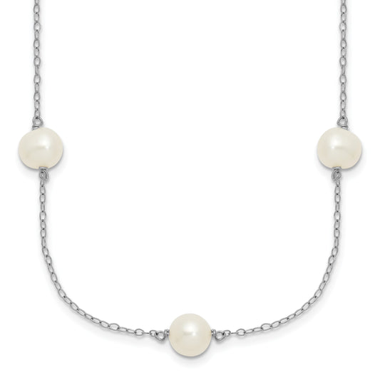 Sterling Silver Rhodium-plated 7-8mm White Near-Round Freshwater Cultured Pearl 7-Station 17 inch with 2 inch Extension Necklace