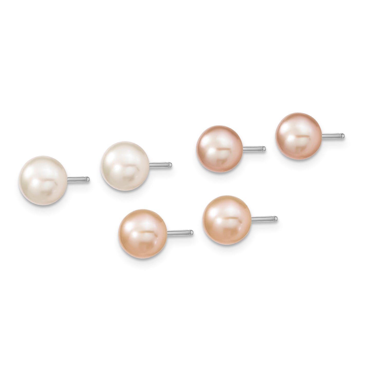 Sterling Silver Rhodium-plated 6-7mm White, Pink and Purple Semi-Round Freshwater Cultured Pearl 18 inch Necklace, 7.25 inch Bracelet and 3-piece Button Post Earrings Set