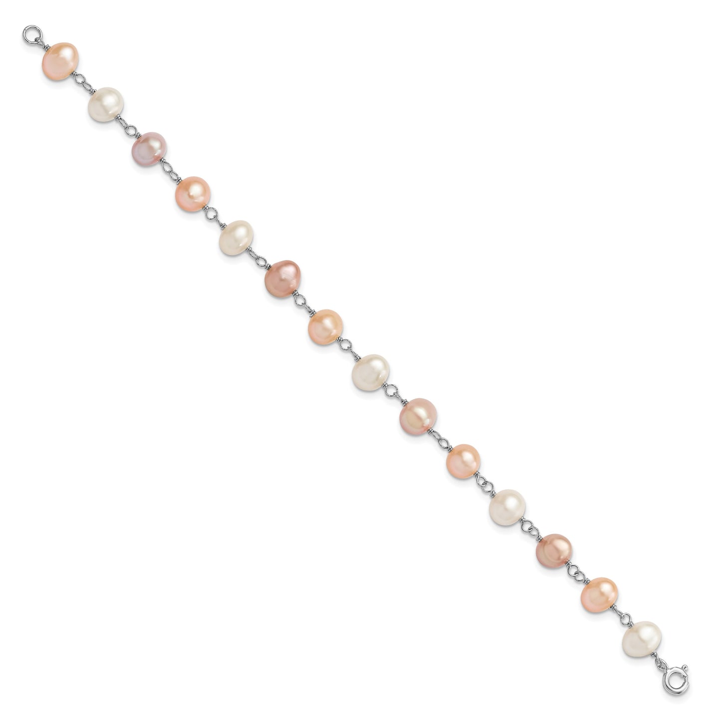 Sterling Silver Rhodium-plated 6-7mm White, Pink and Purple Semi-Round Freshwater Cultured Pearl 18 inch Necklace, 7.25 inch Bracelet and 3-piece Button Post Earrings Set