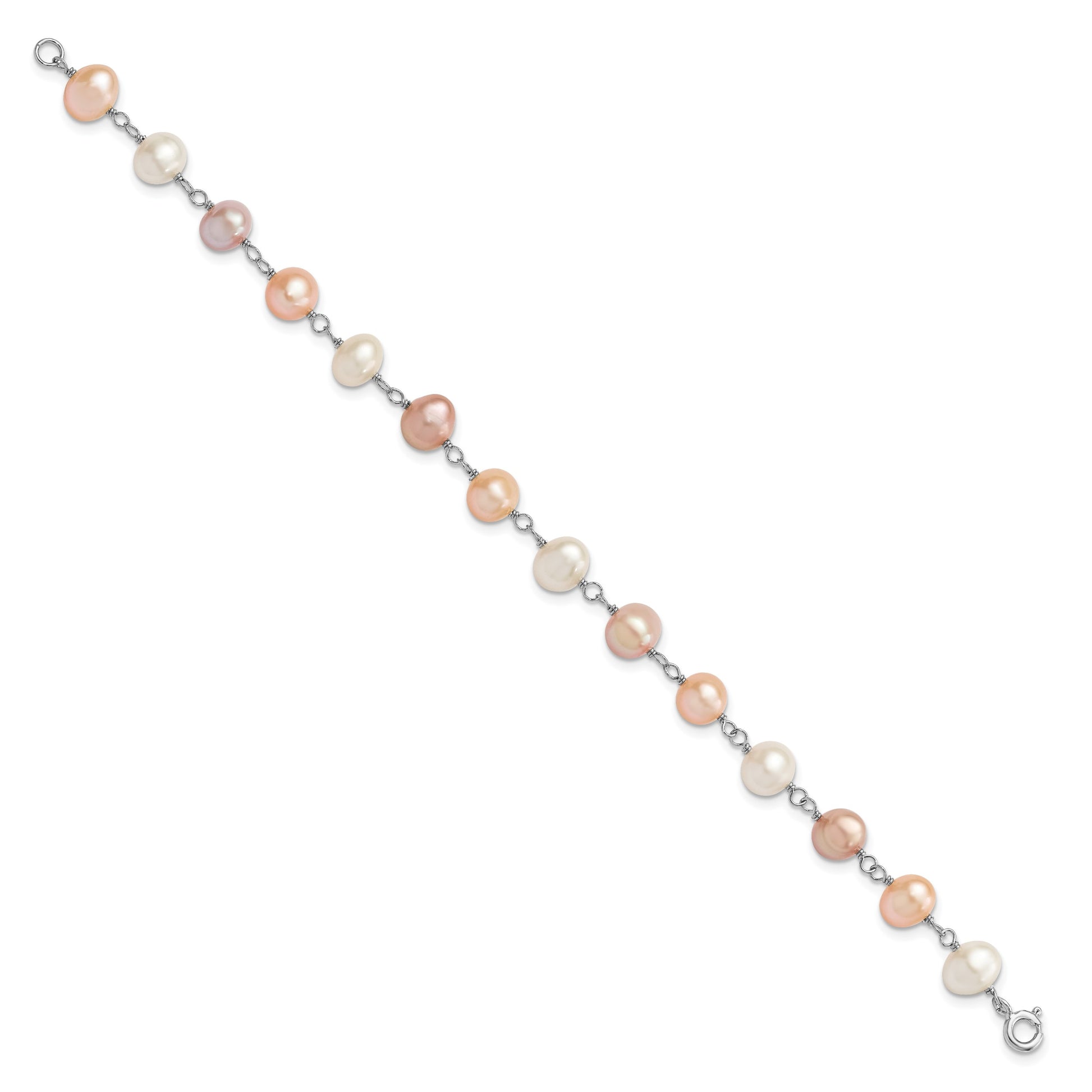Sterling Silver Rhodium-plated 6-7mm White, Pink and Purple Semi-Round Freshwater Cultured Pearl 18 inch Necklace, 7.25 inch Bracelet and 3-piece Button Post Earrings Set