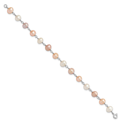 Sterling Silver Rhodium-plated 6-7mm White, Pink and Purple Semi-Round Freshwater Cultured Pearl 18 inch Necklace, 7.25 inch Bracelet and 3-piece Button Post Earrings Set