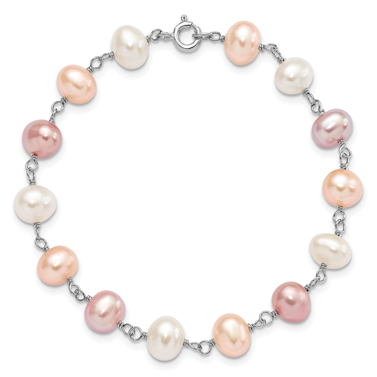 Sterling Silver Rhodium-plated 6-7mm White, Pink and Purple Semi-Round Freshwater Cultured Pearl 18 inch Necklace, 7.25 inch Bracelet and 3-piece Button Post Earrings Set