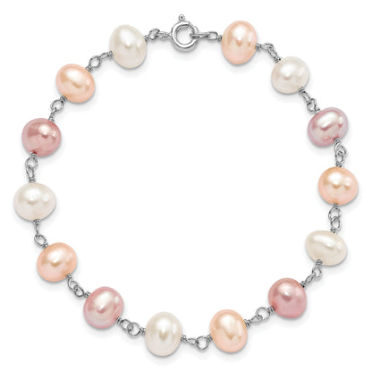 Sterling Silver Rhodium-plated 6-7mm White, Pink and Purple Semi-Round Freshwater Cultured Pearl 18 inch Necklace, 7.25 inch Bracelet and 3-piece Button Post Earrings Set