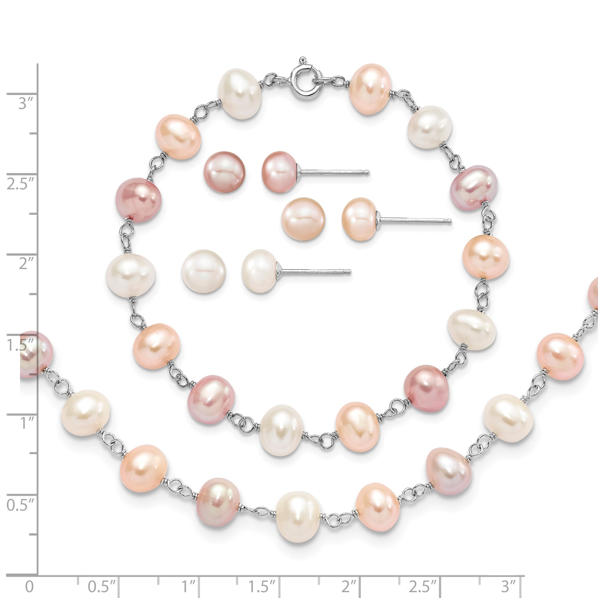 Sterling Silver Rhodium-plated 6-7mm White, Pink and Purple Semi-Round Freshwater Cultured Pearl 18 inch Necklace, 7.25 inch Bracelet and 3-piece Button Post Earrings Set