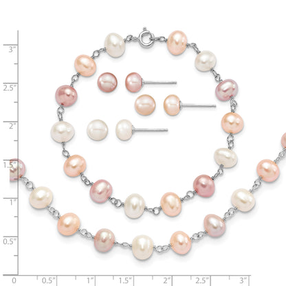 Sterling Silver Rhodium-plated 6-7mm White, Pink and Purple Semi-Round Freshwater Cultured Pearl 18 inch Necklace, 7.25 inch Bracelet and 3-piece Button Post Earrings Set