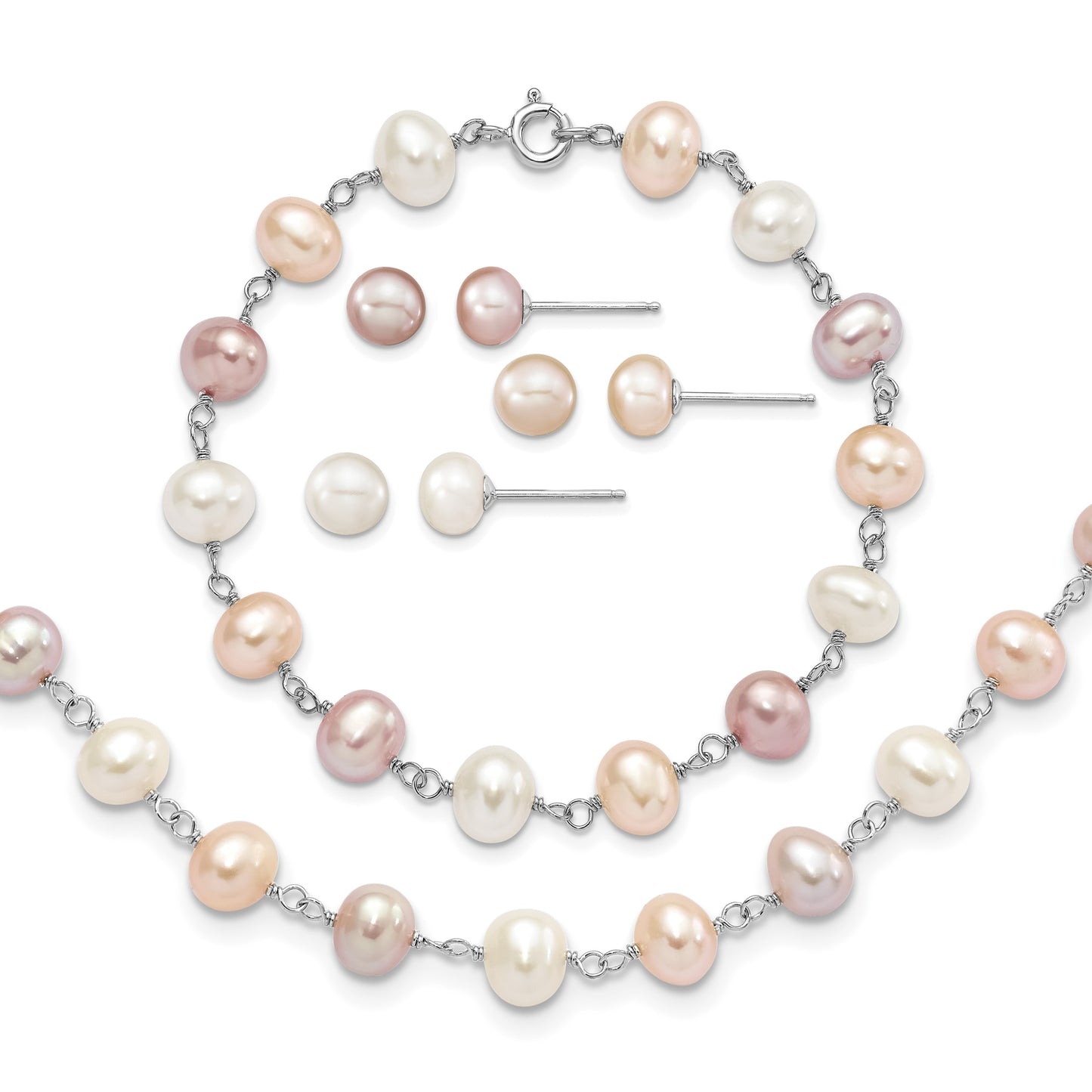 Sterling Silver Rhodium-plated 6-7mm White, Pink and Purple Semi-Round Freshwater Cultured Pearl 18 inch Necklace, 7.25 inch Bracelet and 3-piece Button Post Earrings Set