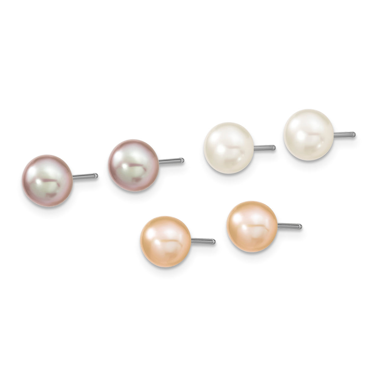 Sterling Silver Rhodium-plated 6-7mm White, Pink and Purple Semi-Round Freshwater Cultured Pearl 18 inch Necklace, 7.25 inch Bracelet and 3-piece Button Post Earrings Set