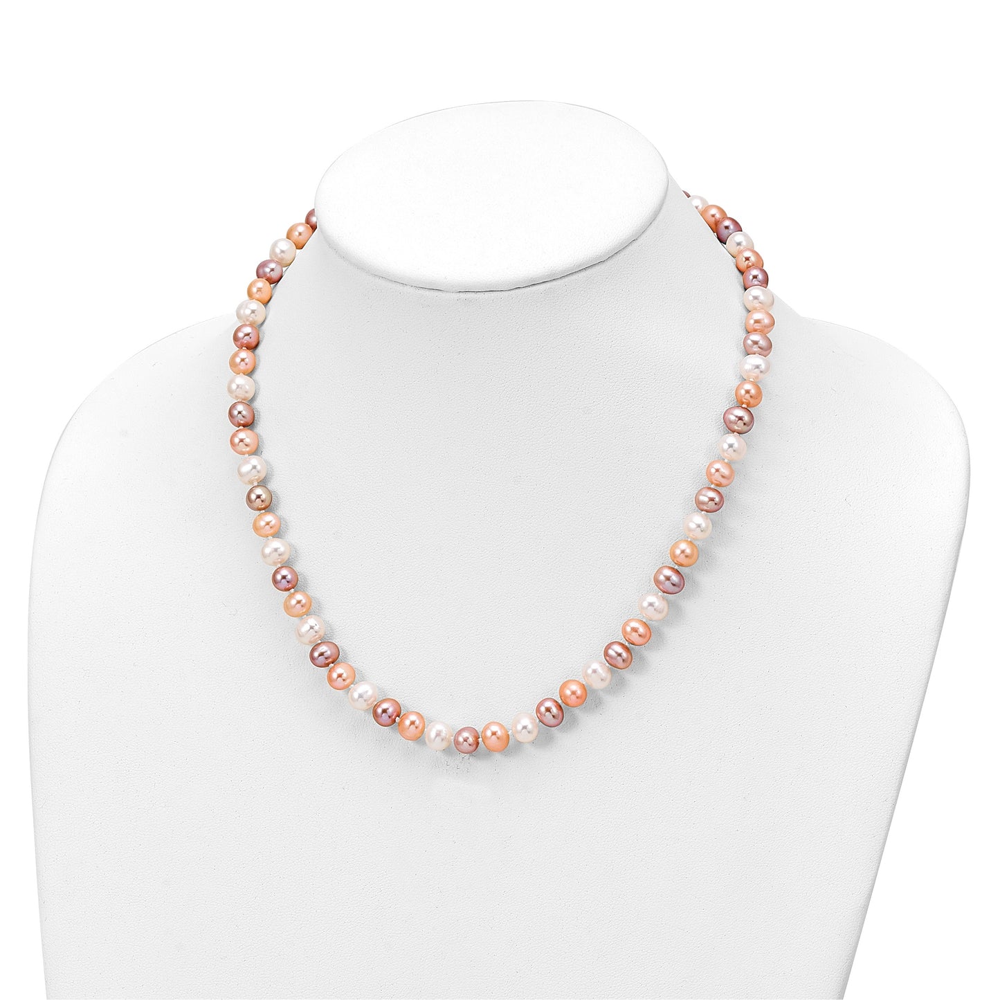 Sterling Silver Rhodium-plated 6-7mm White, Pink and Purple Semi-Round Freshwater Cultured Pearl 18 inch Necklace, 7.25 inch Bracelet and 3-piece Button Post Earrings Set