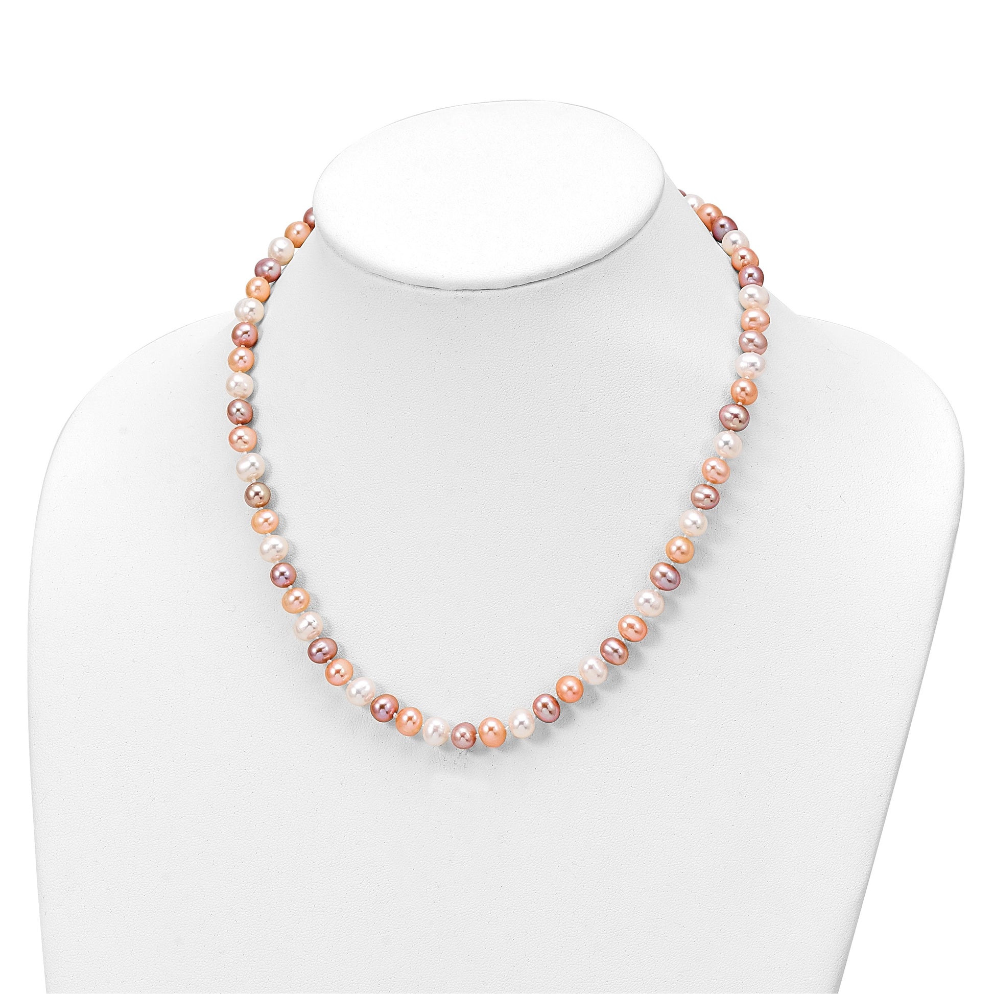 Sterling Silver Rhodium-plated 6-7mm White, Pink and Purple Semi-Round Freshwater Cultured Pearl 18 inch Necklace, 7.25 inch Bracelet and 3-piece Button Post Earrings Set
