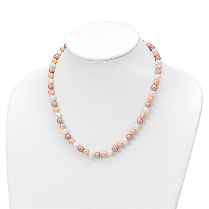 Sterling Silver Rhodium-plated 6-7mm White, Pink and Purple Semi-Round Freshwater Cultured Pearl 18 inch Necklace, 7.25 inch Bracelet and 3-piece Button Post Earrings Set