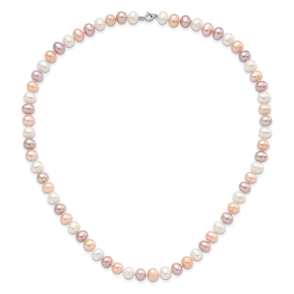 Sterling Silver Rhodium-plated 6-7mm White, Pink and Purple Semi-Round Freshwater Cultured Pearl 18 inch Necklace, 7.25 inch Bracelet and 3-piece Button Post Earrings Set
