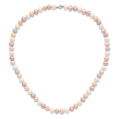 Sterling Silver Rhodium-plated 6-7mm White, Pink and Purple Semi-Round Freshwater Cultured Pearl 18 inch Necklace, 7.25 inch Bracelet and 3-piece Button Post Earrings Set