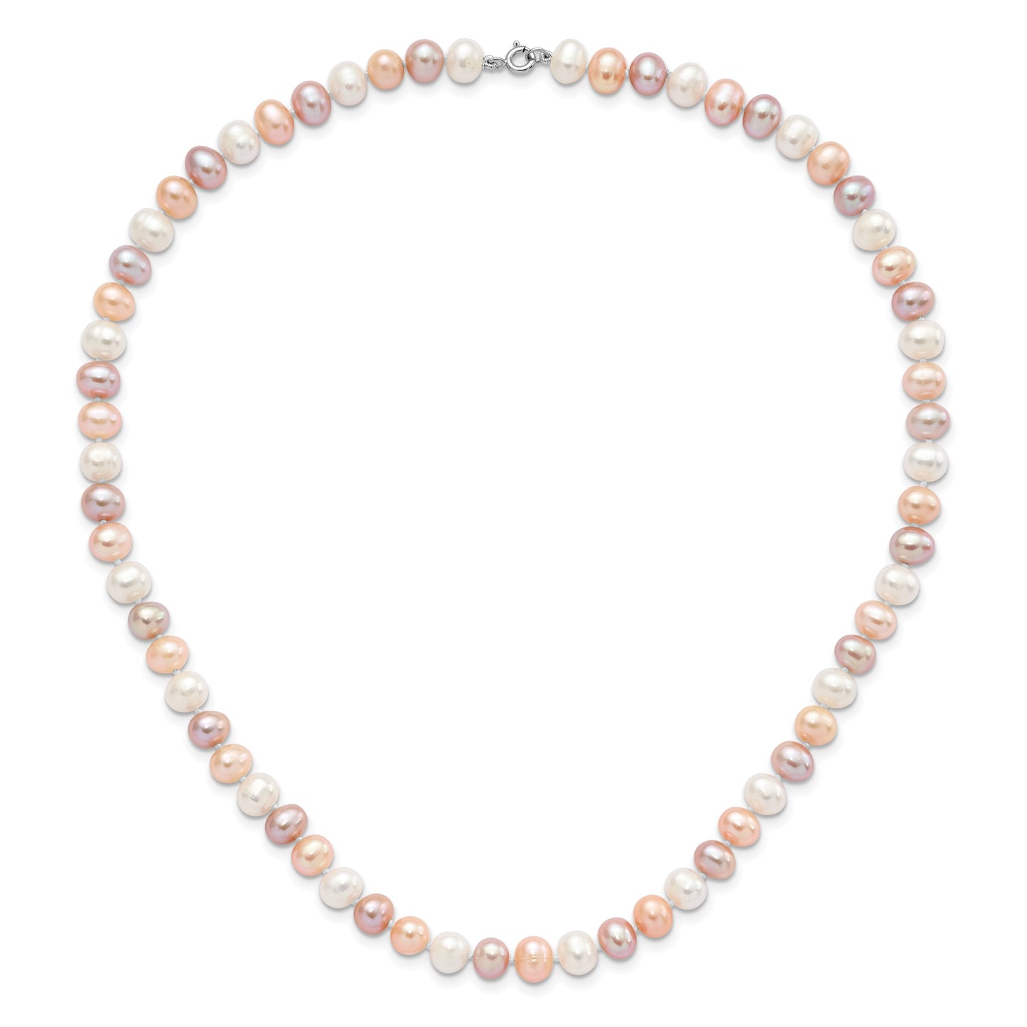 Sterling Silver Rhodium-plated 6-7mm White, Pink and Purple Semi-Round Freshwater Cultured Pearl 18 inch Necklace, 7.25 inch Bracelet and 3-piece Button Post Earrings Set