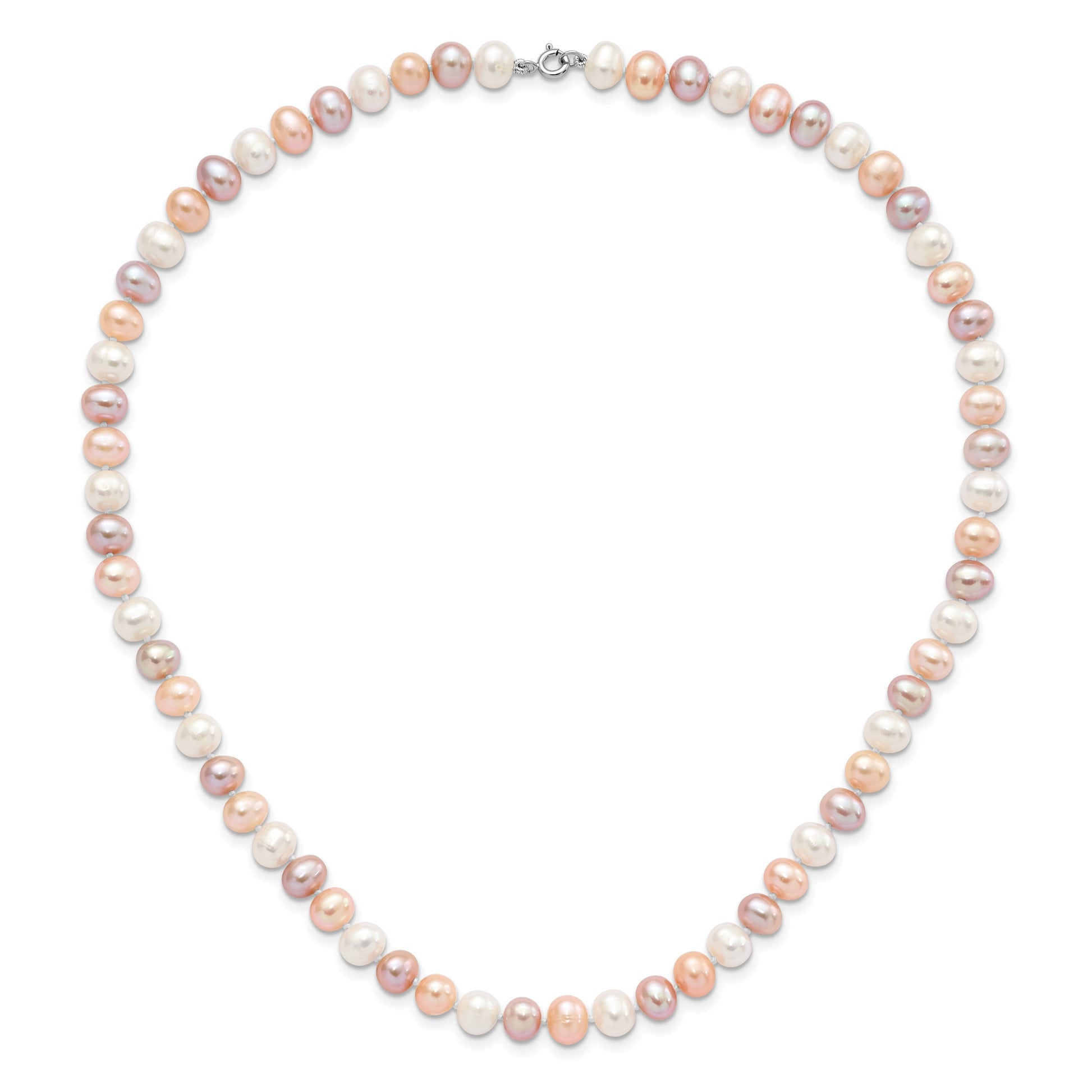 Sterling Silver Rhodium-plated 6-7mm White, Pink and Purple Semi-Round Freshwater Cultured Pearl 18 inch Necklace, 7.25 inch Bracelet and 3-piece Button Post Earrings Set