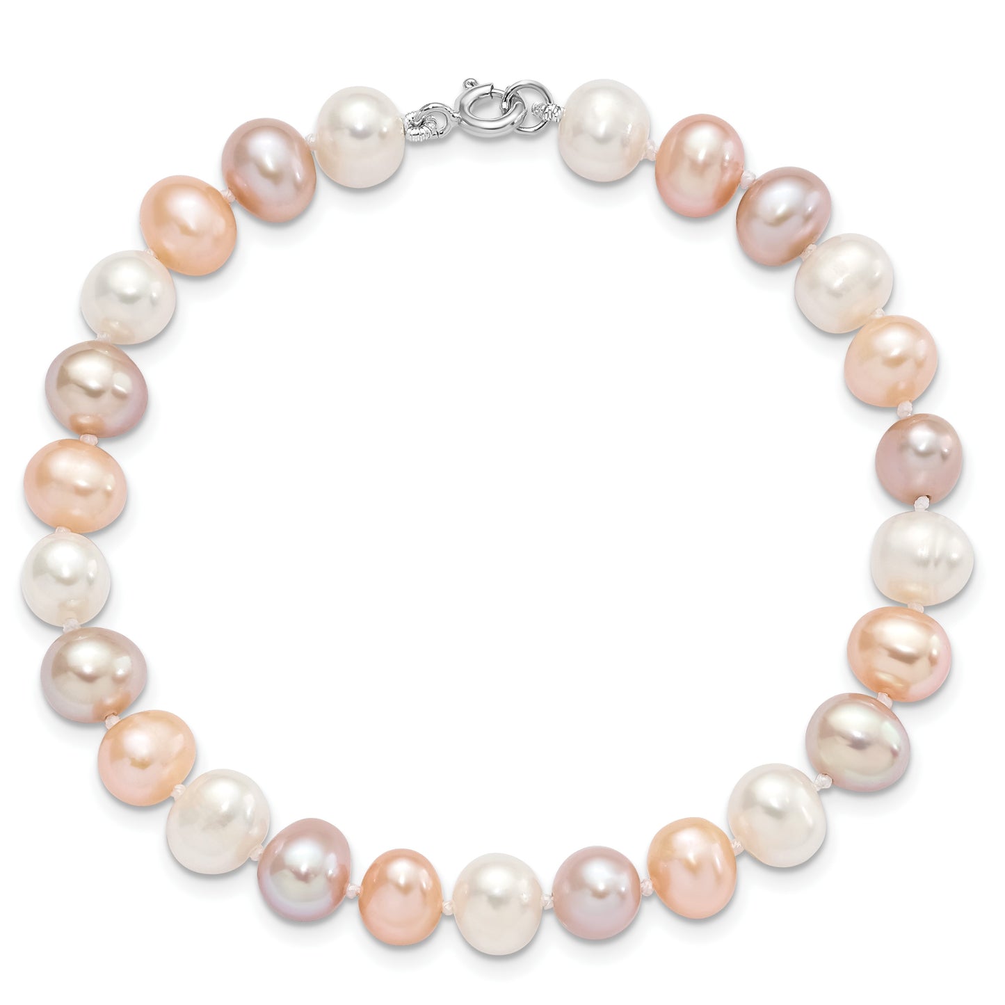 Sterling Silver Rhodium-plated 6-7mm White, Pink and Purple Semi-Round Freshwater Cultured Pearl 18 inch Necklace, 7.25 inch Bracelet and 3-piece Button Post Earrings Set