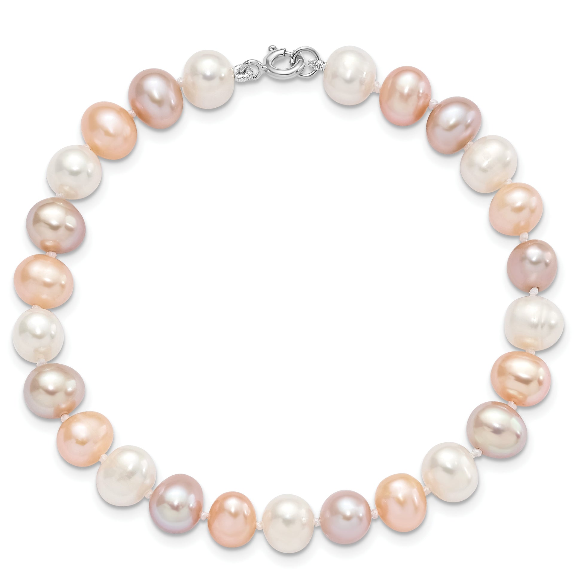 Sterling Silver Rhodium-plated 6-7mm White, Pink and Purple Semi-Round Freshwater Cultured Pearl 18 inch Necklace, 7.25 inch Bracelet and 3-piece Button Post Earrings Set