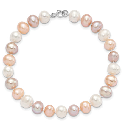 Sterling Silver Rhodium-plated 6-7mm White, Pink and Purple Semi-Round Freshwater Cultured Pearl 18 inch Necklace, 7.25 inch Bracelet and 3-piece Button Post Earrings Set